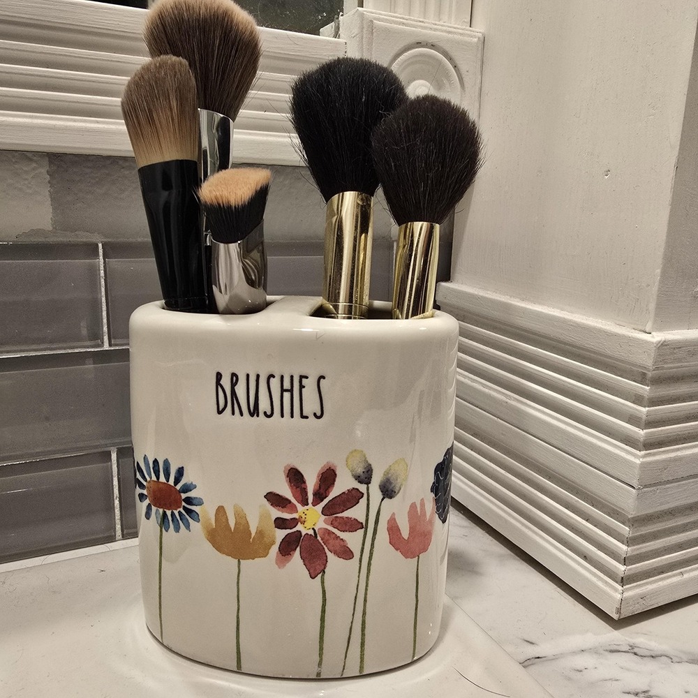 Rae Dunn Brushes Holder Artisan Collection Ceramic Floral Makeup Brush Organizer